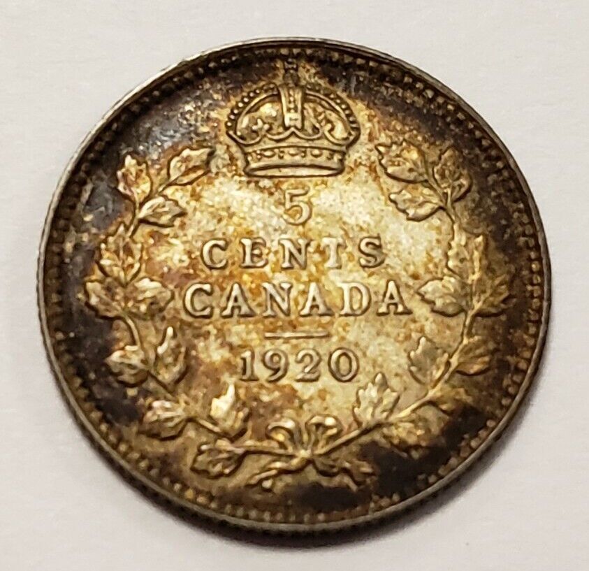 1920 5c Canada Silver Five Cents .0346 oz ASW - XF Toned - KM 22a - SKU-F5490