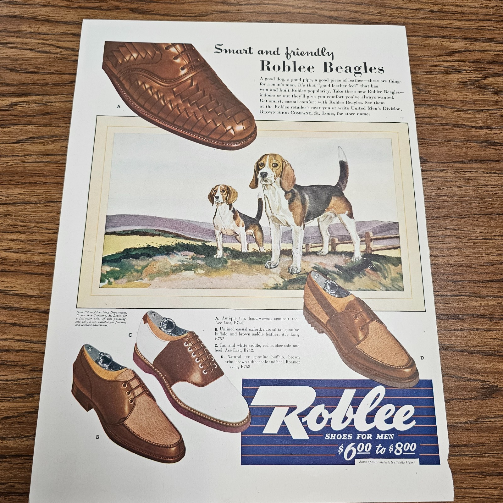 1940s Roblee Beagles Shoes for Men Vintage Men’s Fashion Dog Illustration Print