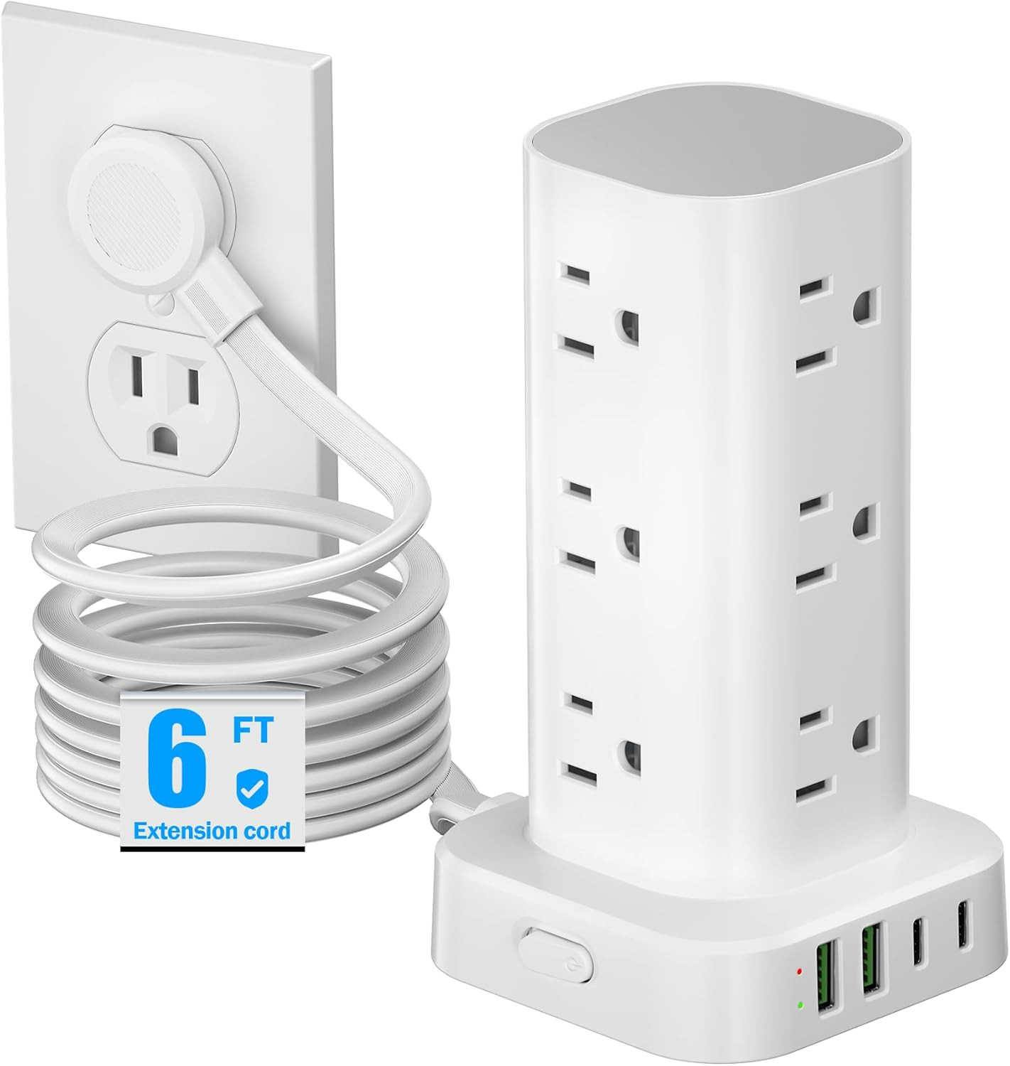 Tower Power Strips with Surge Protection, 6FT Flat Extension Cord with Multiple