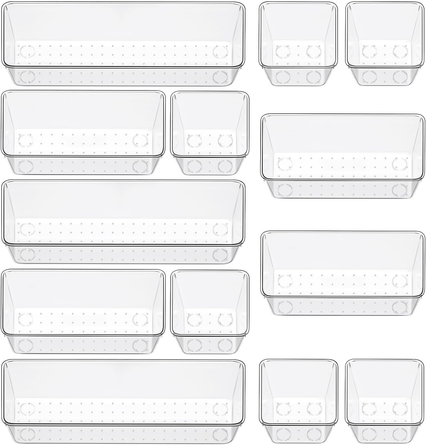 12 Piece Clear Drawer Organizer Set, 3 Sizes Bathroom Vanity Organizer Trays and