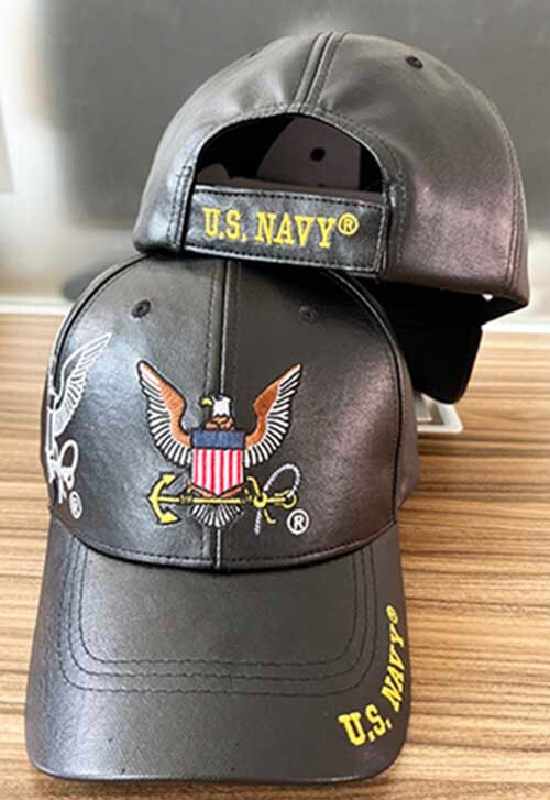 US Navy Black PU Faux Leather 3D SHADOW Embroidery Military Licensed Ball Cap