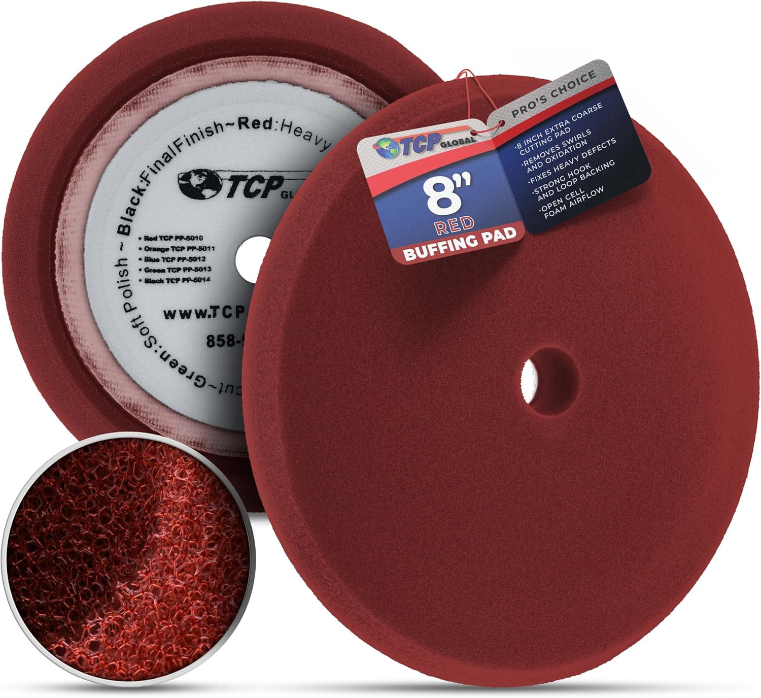 TCP Global 8" Red Foam Buffing Pad Extra Coarse Cutting Polish Hook and Loop Bac