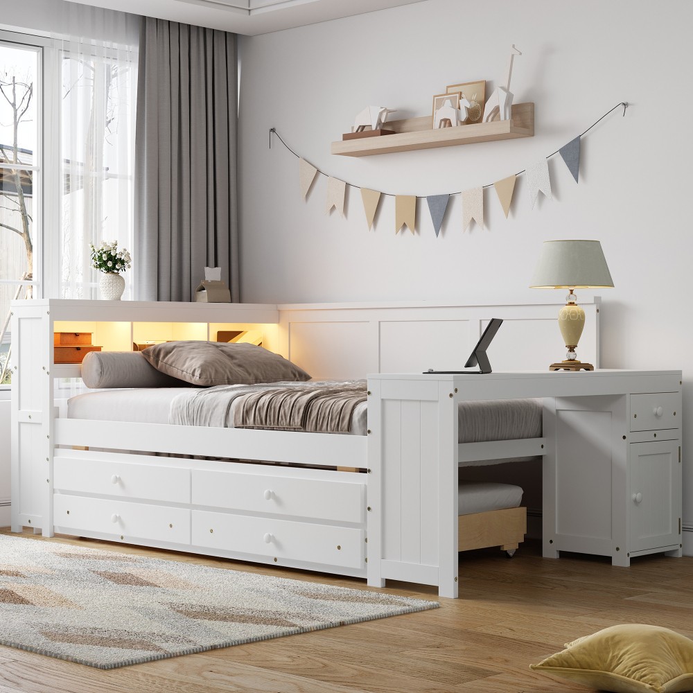 Full Size Daybed with Storage Shelves,Drawers,Trundle,Charging Station