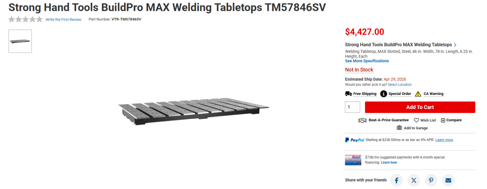 StrongHand Tools BuildPro Max Welding Table Tops TM57846SV - WITHOUT LEGS