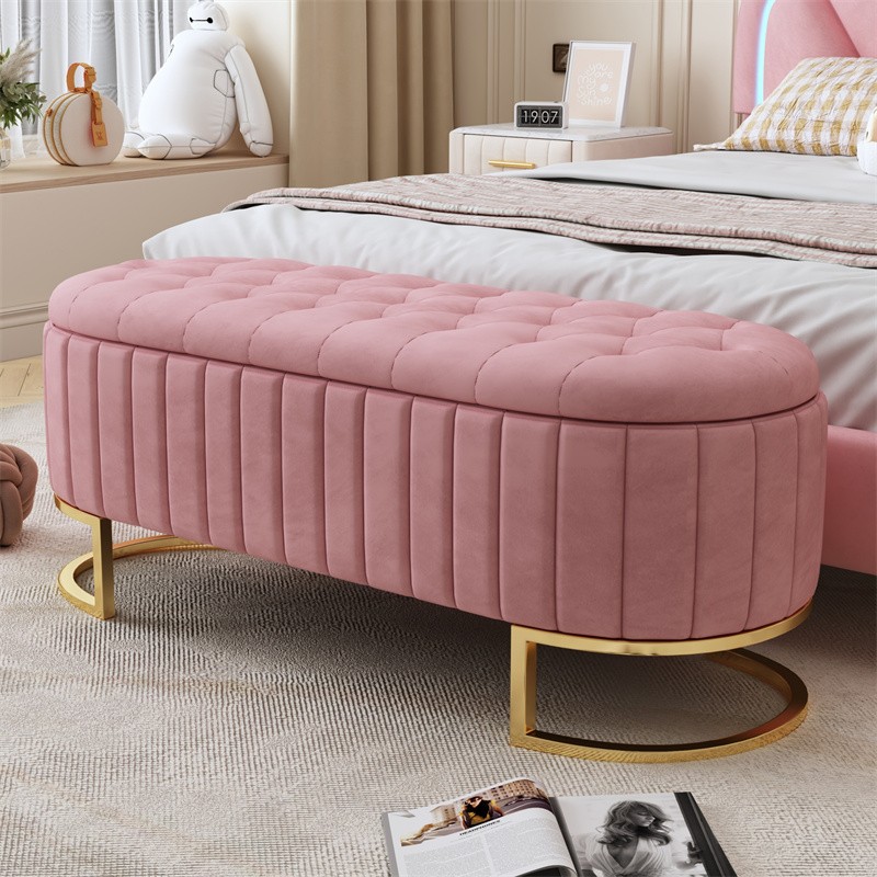 Elegant Button-Tufted Upholstered Storage Ottoman Bench w/Metal Legs for Bedroom