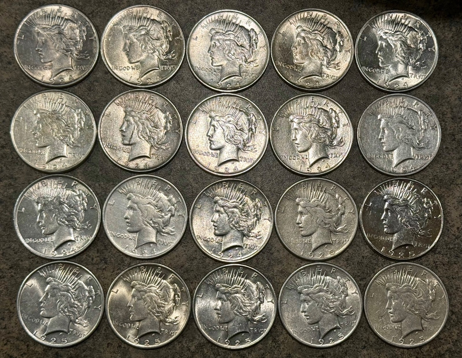 1924 and 1925 Peace Dollar Lot of 20 Coins