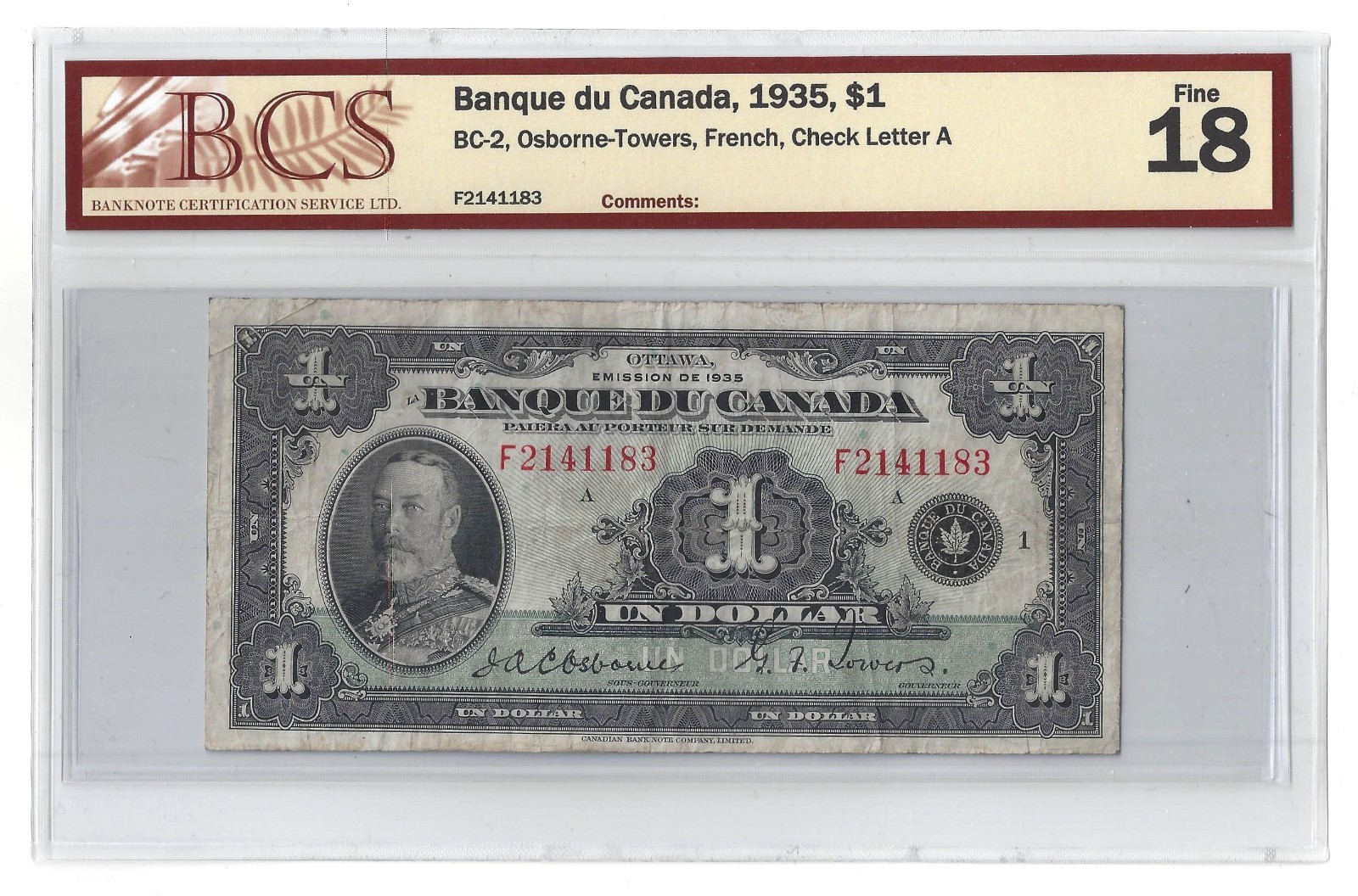 1935 Canada $1 Banknote Osborne-Towers French Text BC-2  BCS F-18