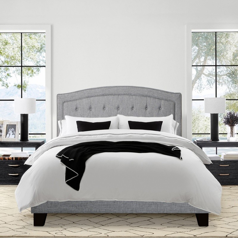 Linen Upholstered Platform Bed Frame W/ Padded Headboard Solid Wood Support New