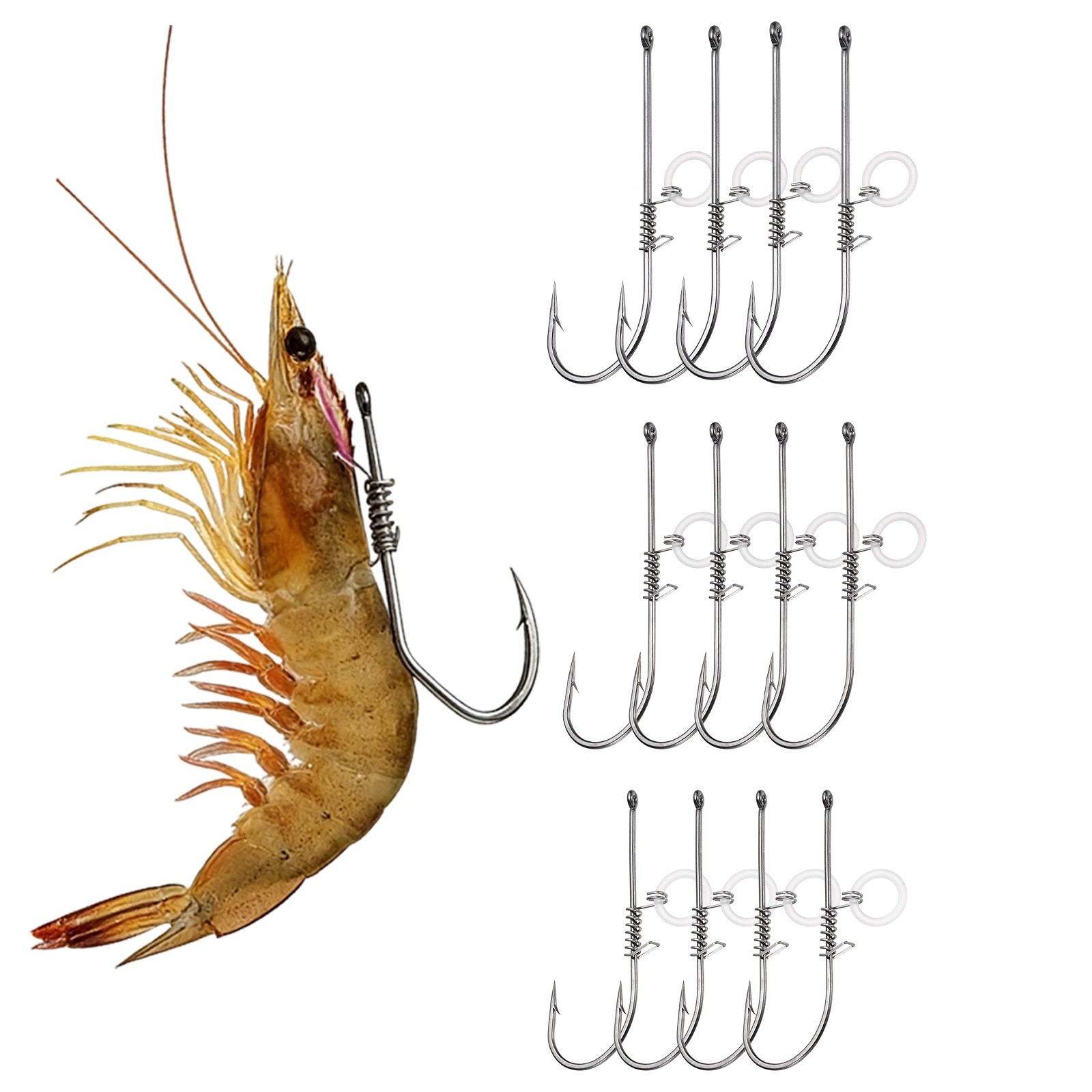 16Pcs 2/0#,3/0#,4/0# Shrimp Hooks, High Carbon Steel Fishing Hook, Silver