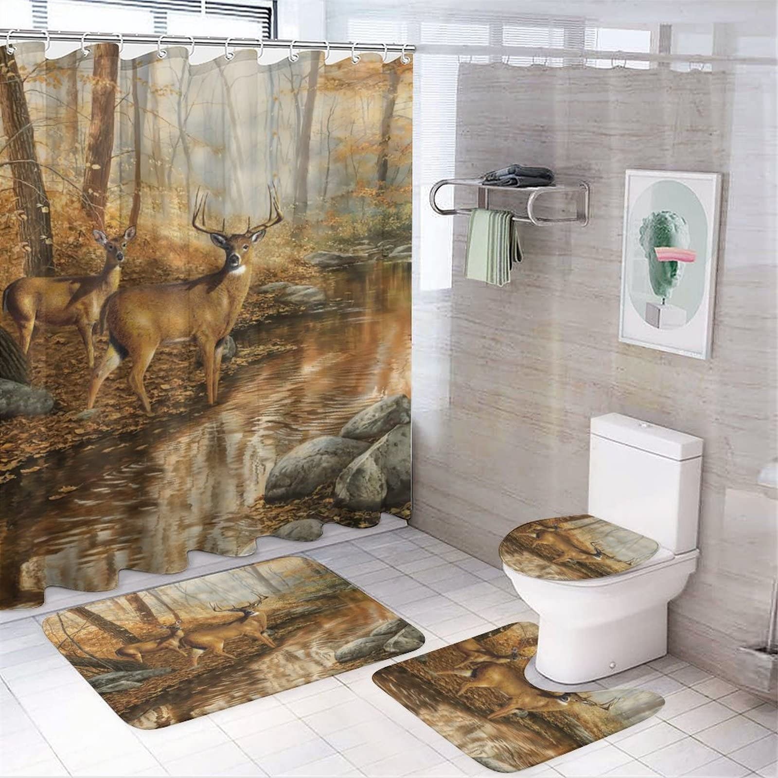 Rustic Cabin Wildlife Deer 4 Piece Shower Curtain Sets, Non-Slip Rugs, Toilet...