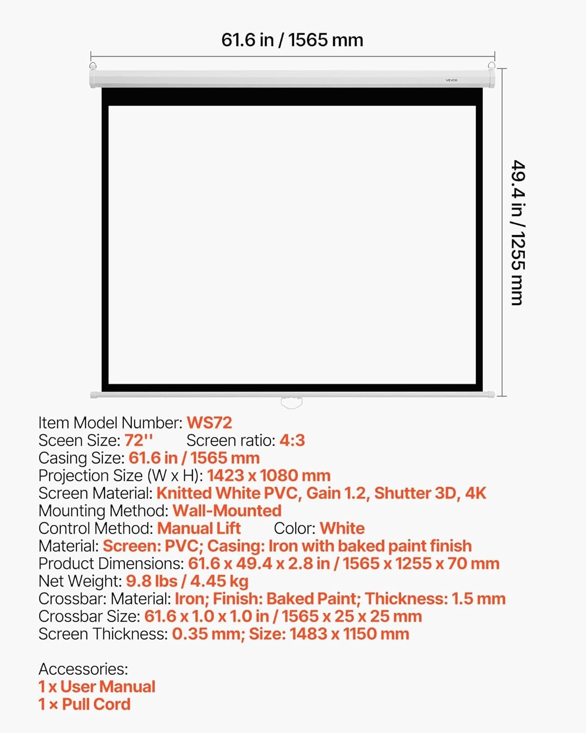 Manual 72 Inch Projector Screen 4K HD Wall Mount Retractable with Pull Rope