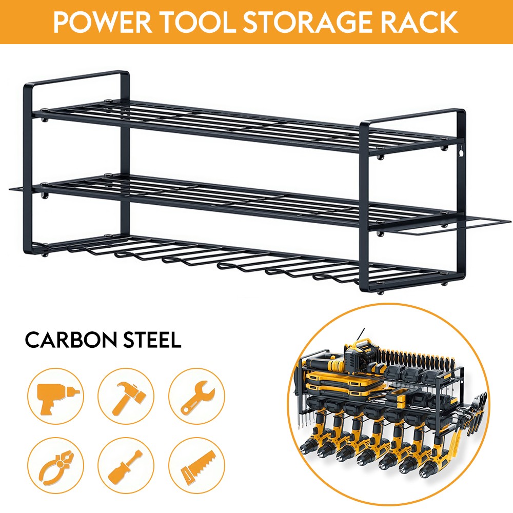 Power Tool Organizer 7 Drill Holder 3 Layer Wall Mount Storage Rack Steel Holder