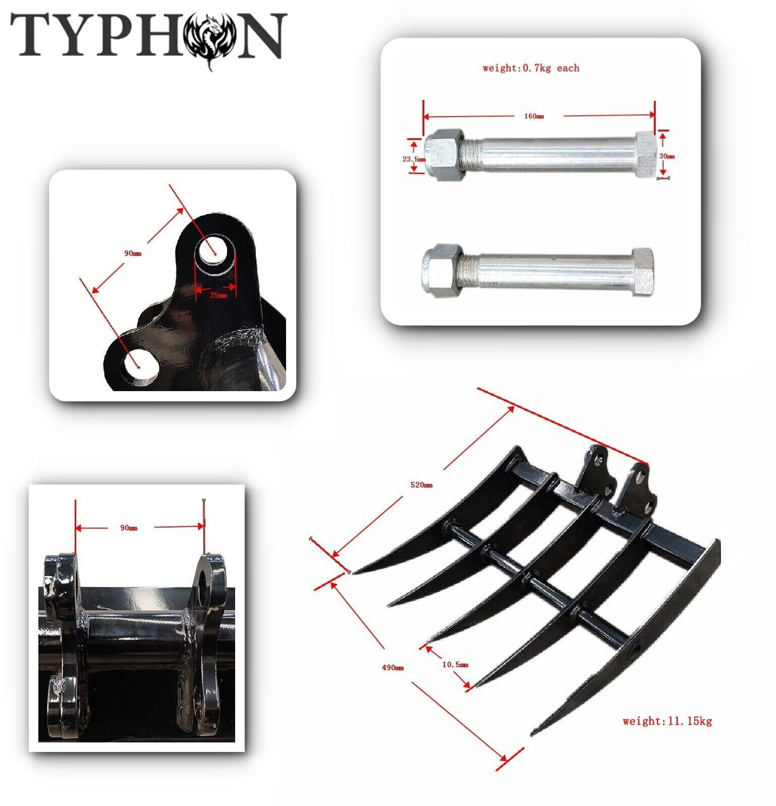 Mini Excavator Attachment TYPHON Rake for Grading, Leveling, Loosening, Removing