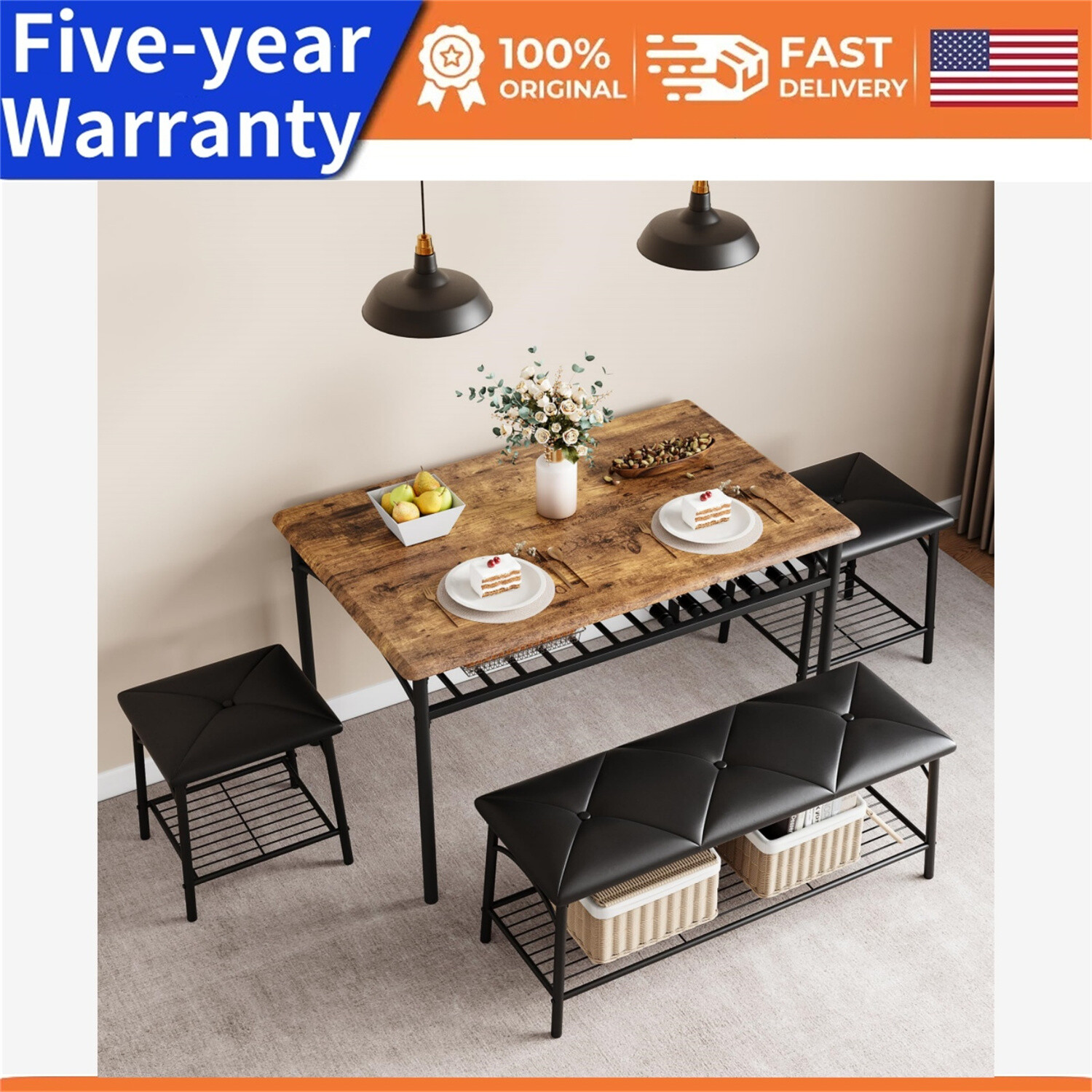 4pcs Kitchen Table Set with Upholstered Bench and Square Stools Dining Table