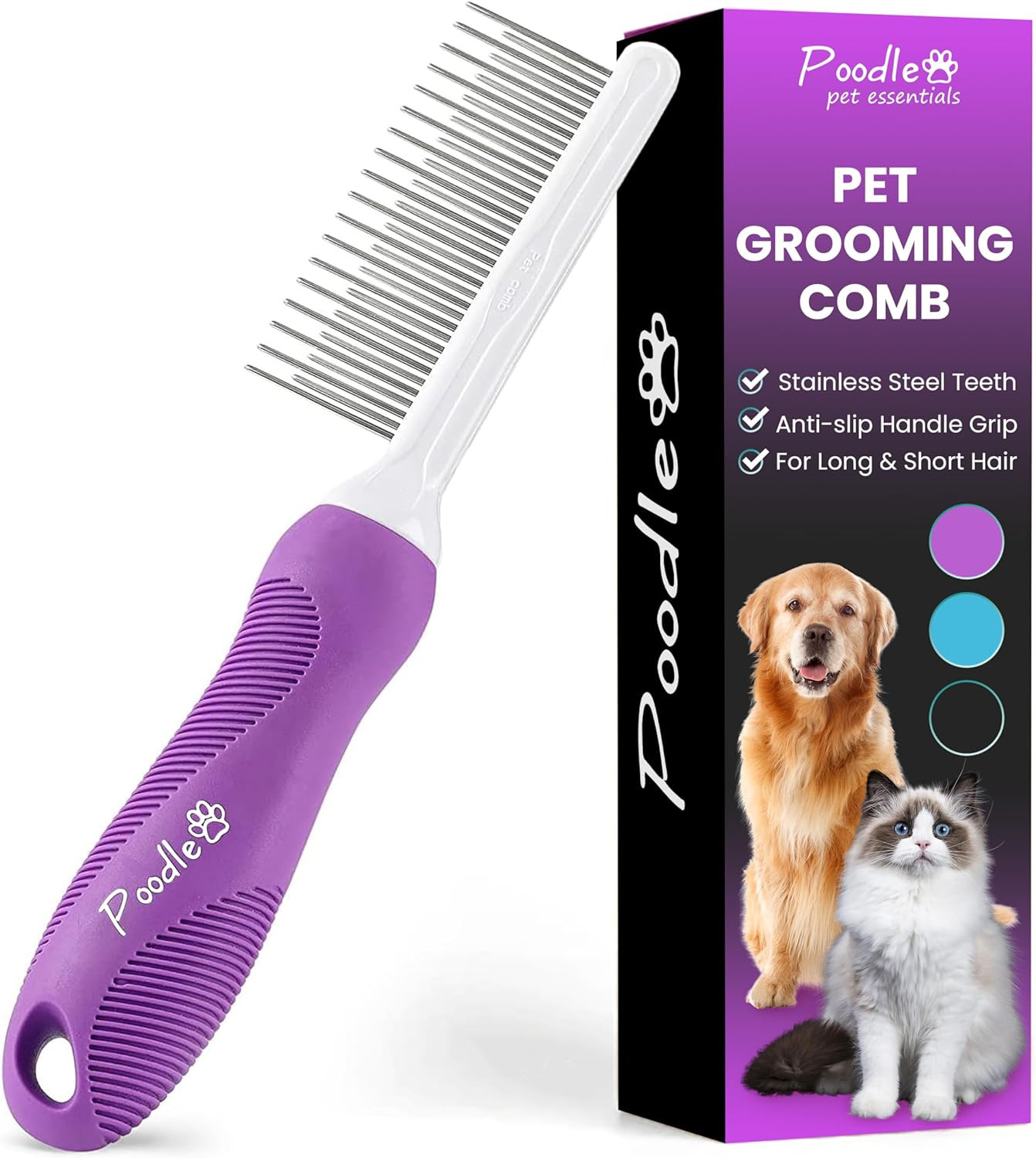Poodle Pet Detangling Pet Comb with Long & Short Stainless Steel Teeth for Remov