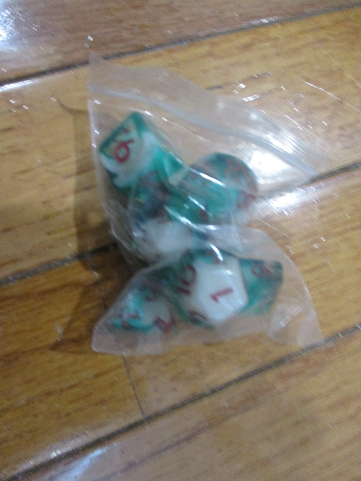 7 Piece Polyhedral Resin Dice Set Green White w/Red