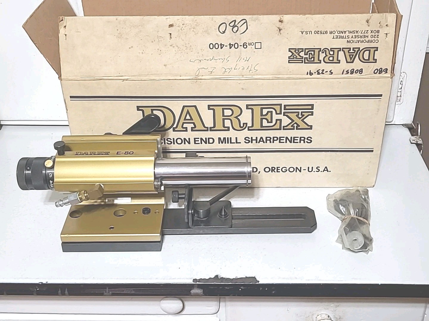 Darex E-80 End Mill Sharpener Air Spindle, Housing & Draw Bar Assembly In Box.
