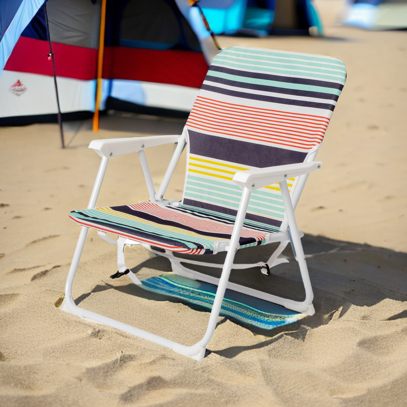 Folding Beach Chair - Fabric, White Metal Frame, Lightweight & Multicolor