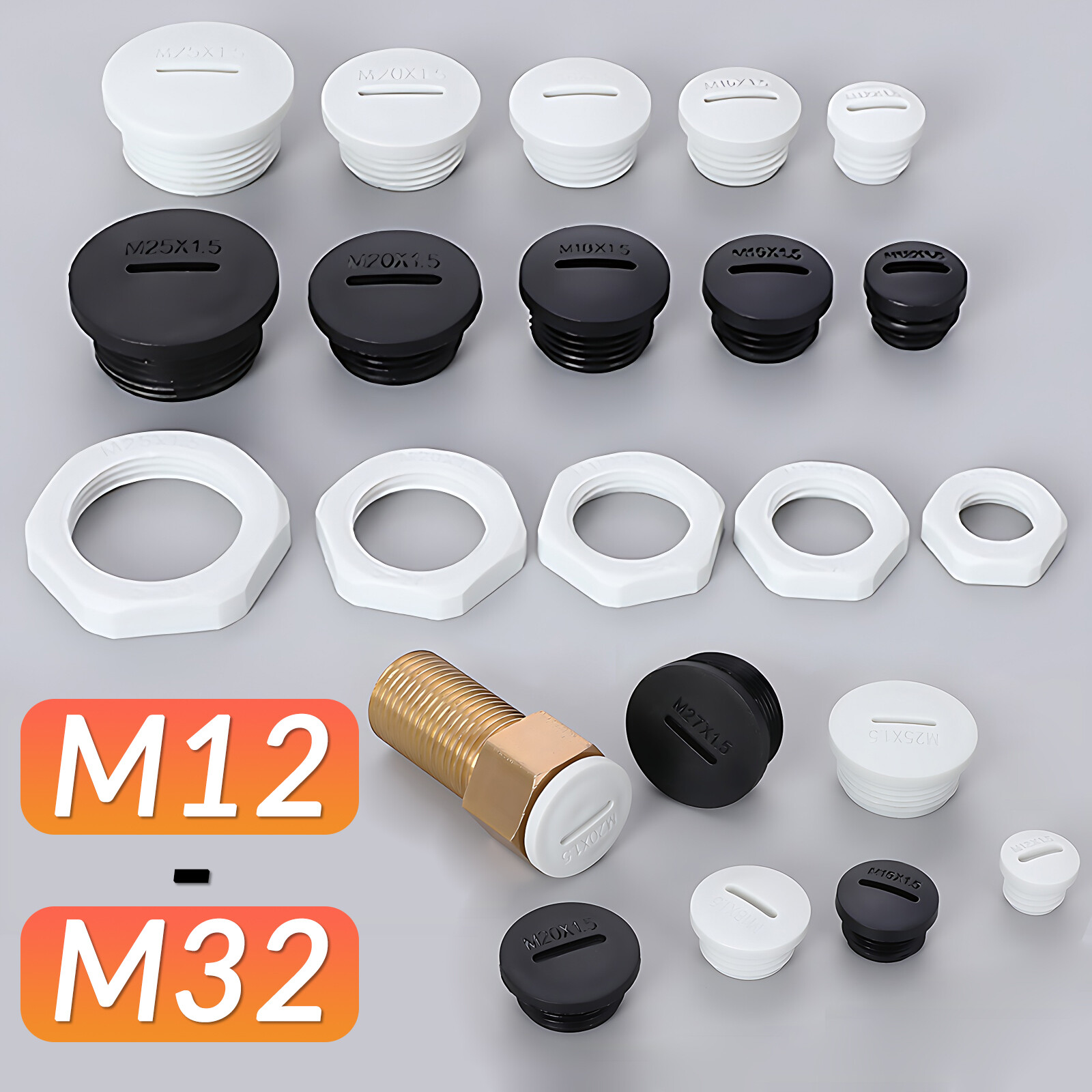 Nylon Plastic Blanking Plugs End Caps & Nut M12 M16 - M32 Waterproof Black/White