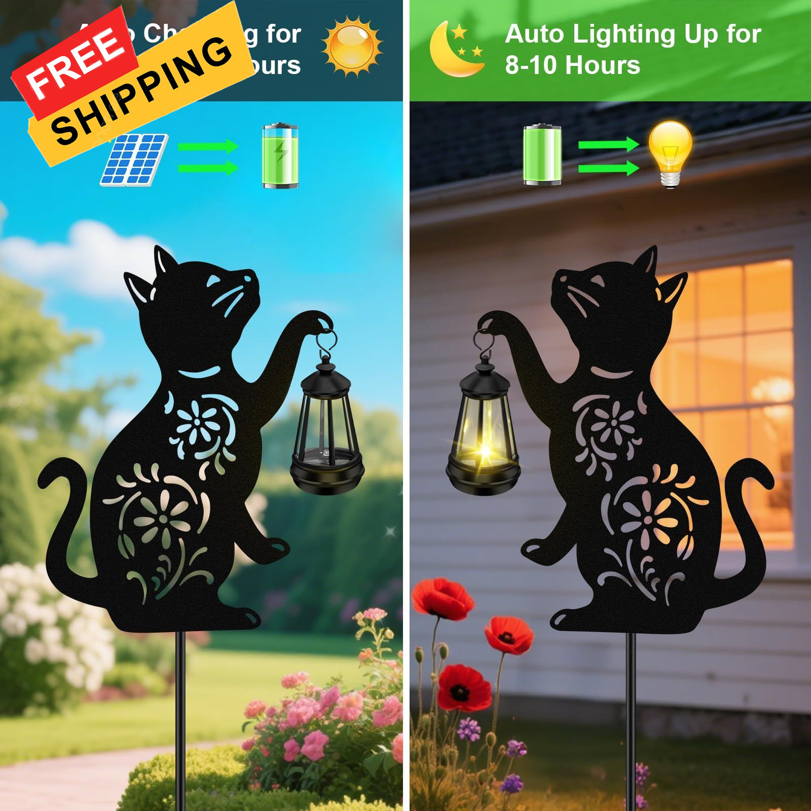 Solar Cat Hanging Lantern Outdoor, 2 Pack Black Lights, cat,