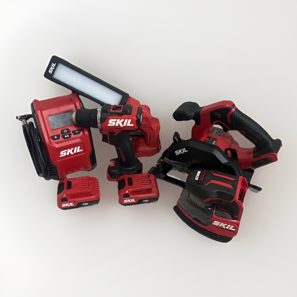 skil 12v 5 tool combo Drill, Sander, Light, Inflator, Saw, Batteries & Charger