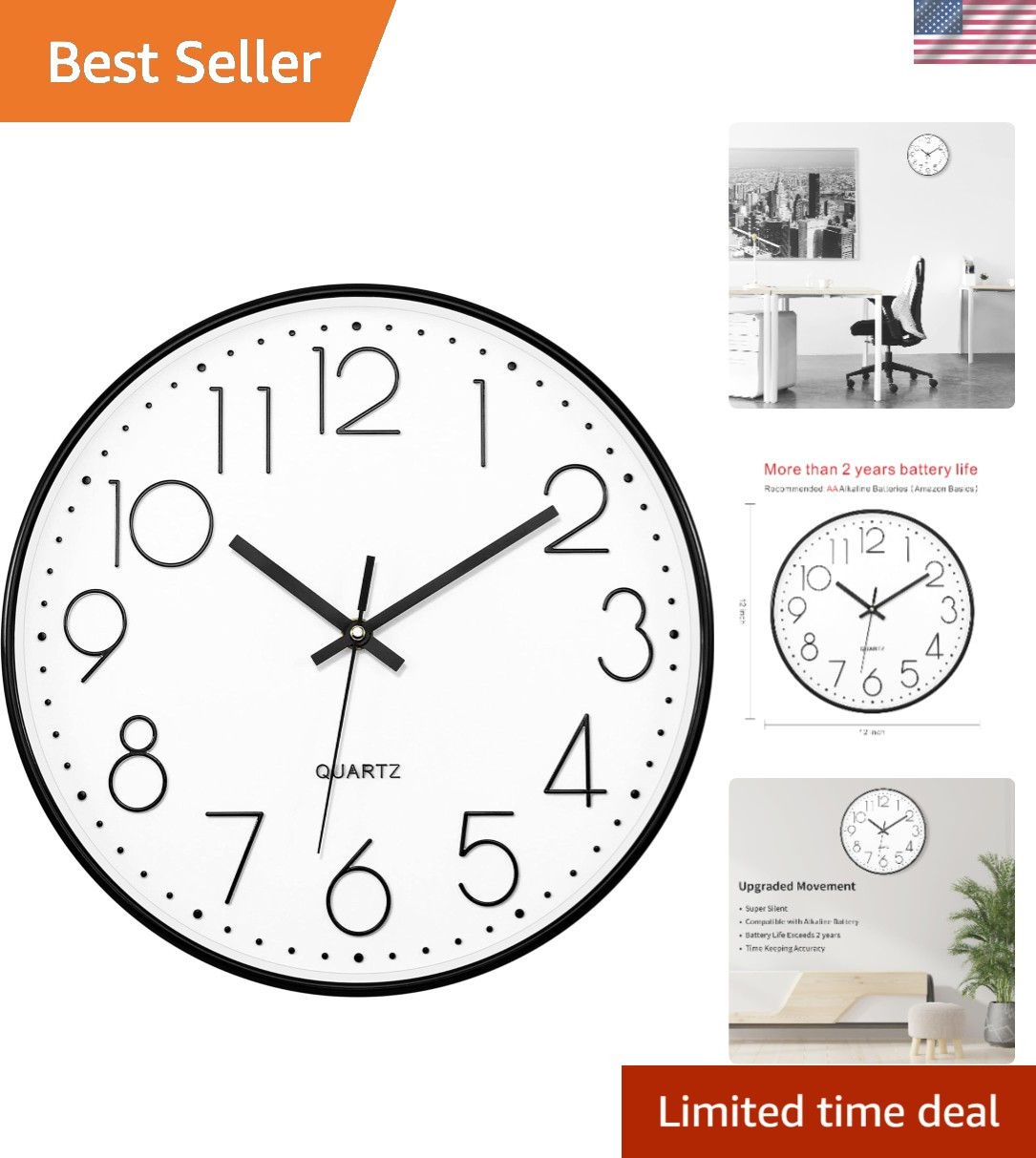 Stylish 12-Inch Non-Ticking Quartz Wall Clock for Living Room, Bedroom & Kitchen