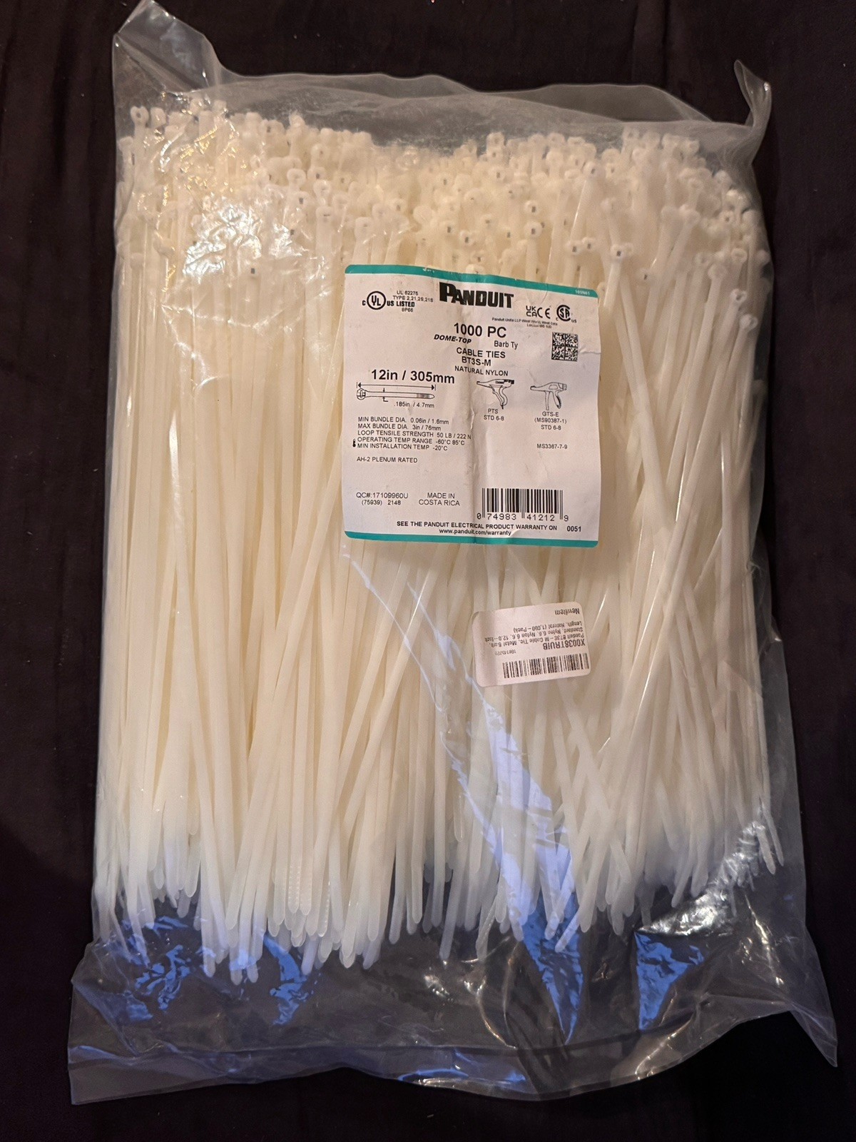 Panduit Bt3s-M Cable Tie, 12 In L, 3-1/4 In Max Bundle Dia., Natural, Nylon