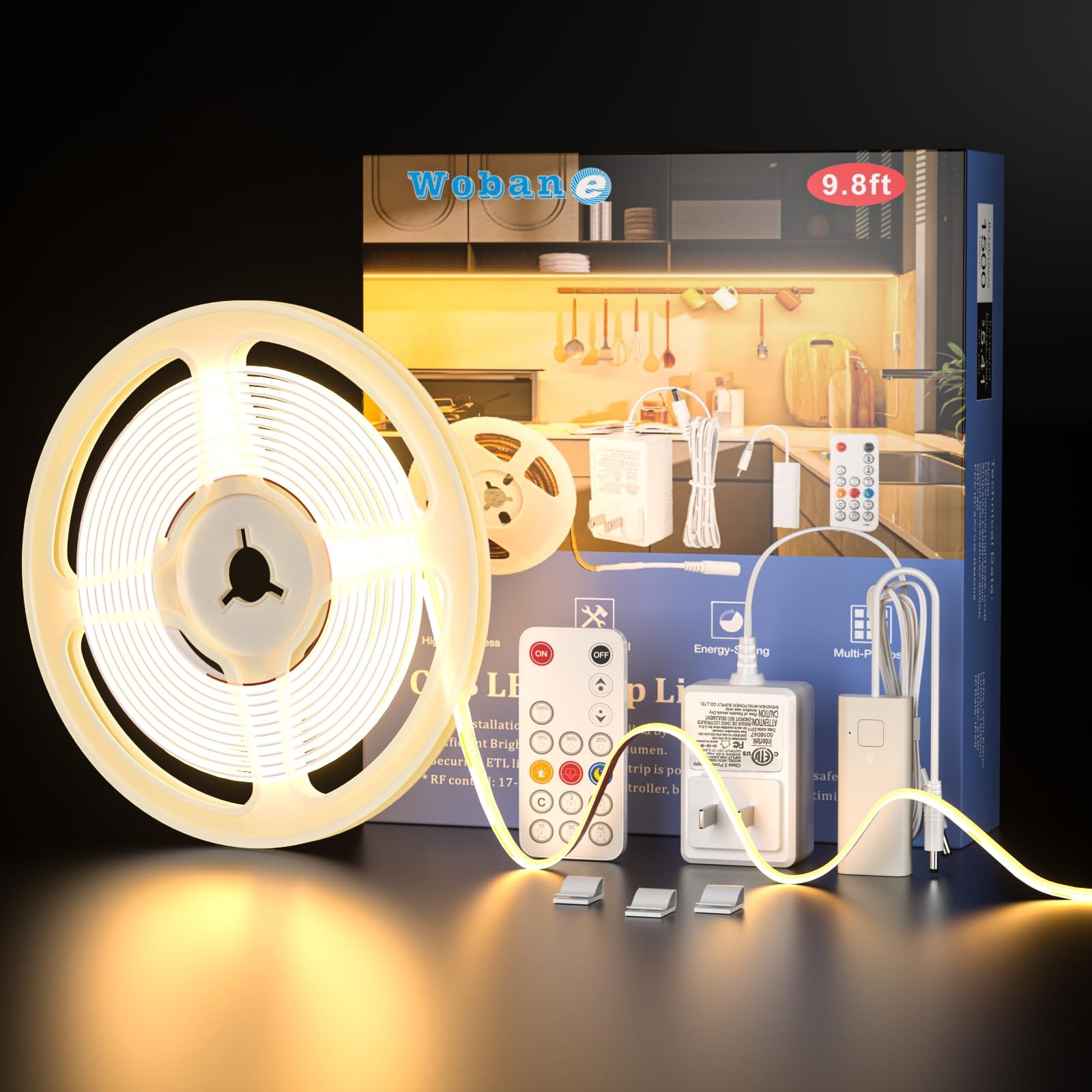 WOBANE COB LED Strip Light Kit,9.8ft Dimmable 9.8ft COB, Warm White