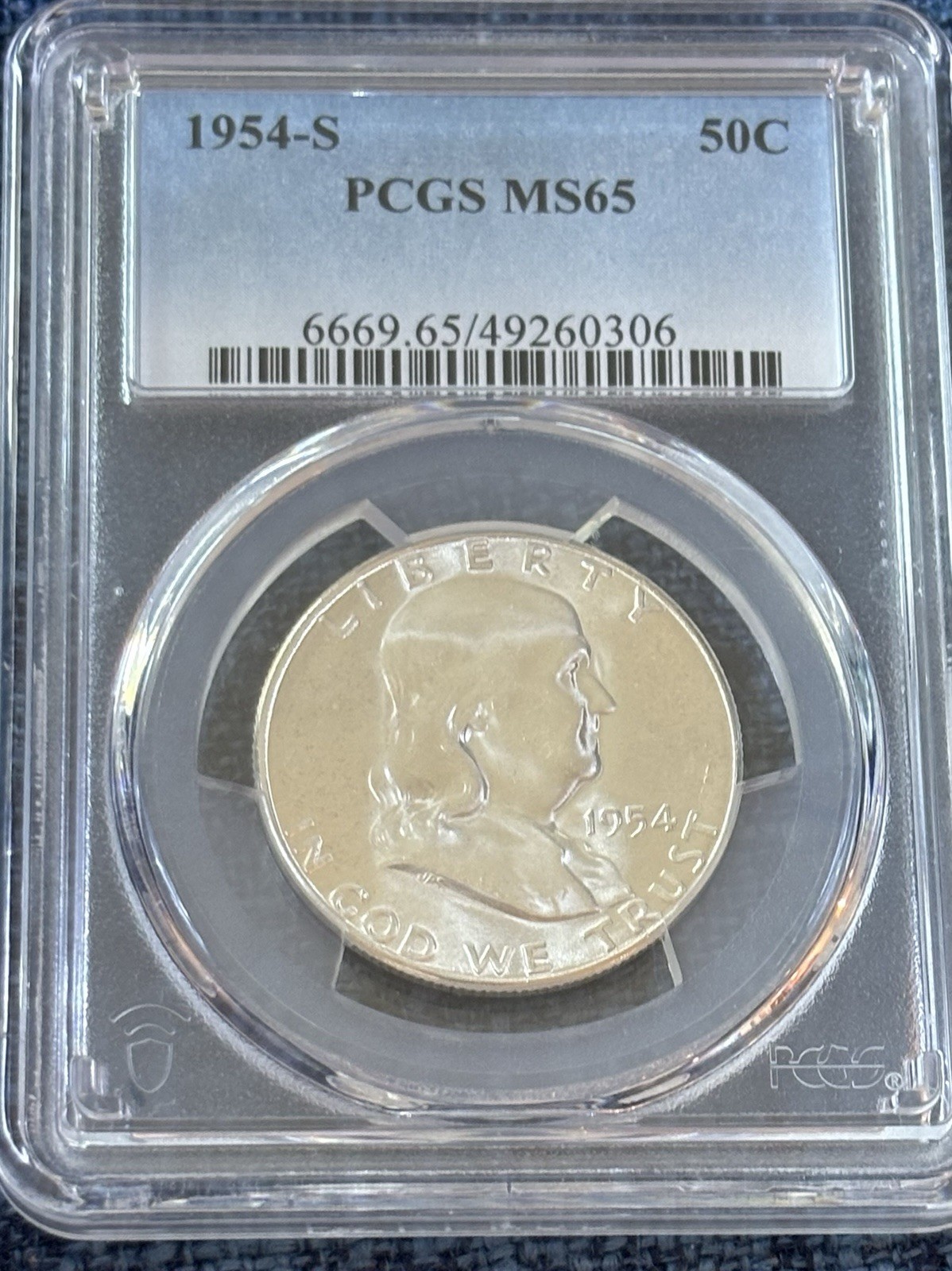 1954-S Franklin Silver Half Dollar, PCGS MS 65, White With Great Luster, Gem