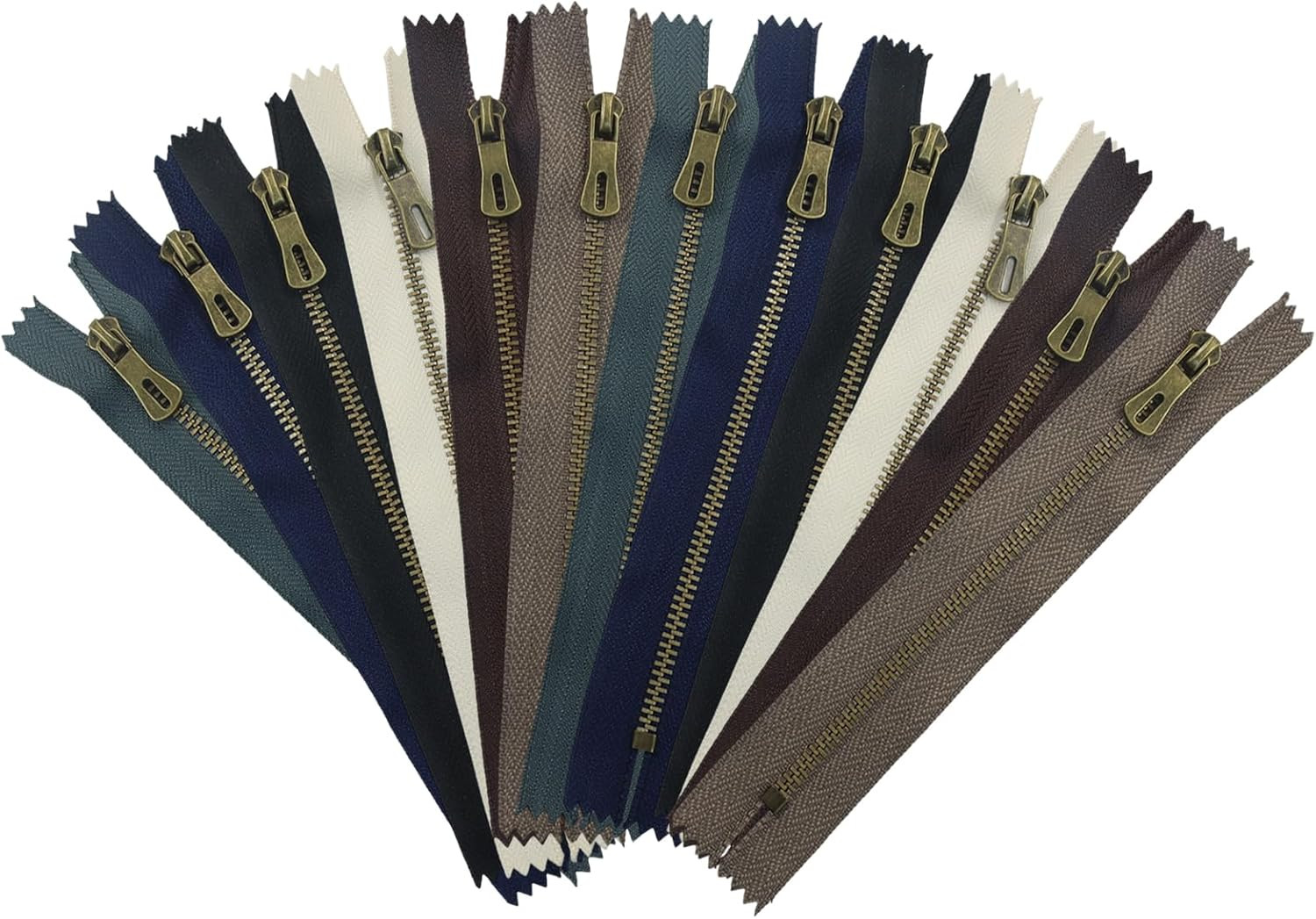 12 Pcs #3 12 Inch Metal Zippers, Antique Brass Close-End, Assorted Colors for Pu