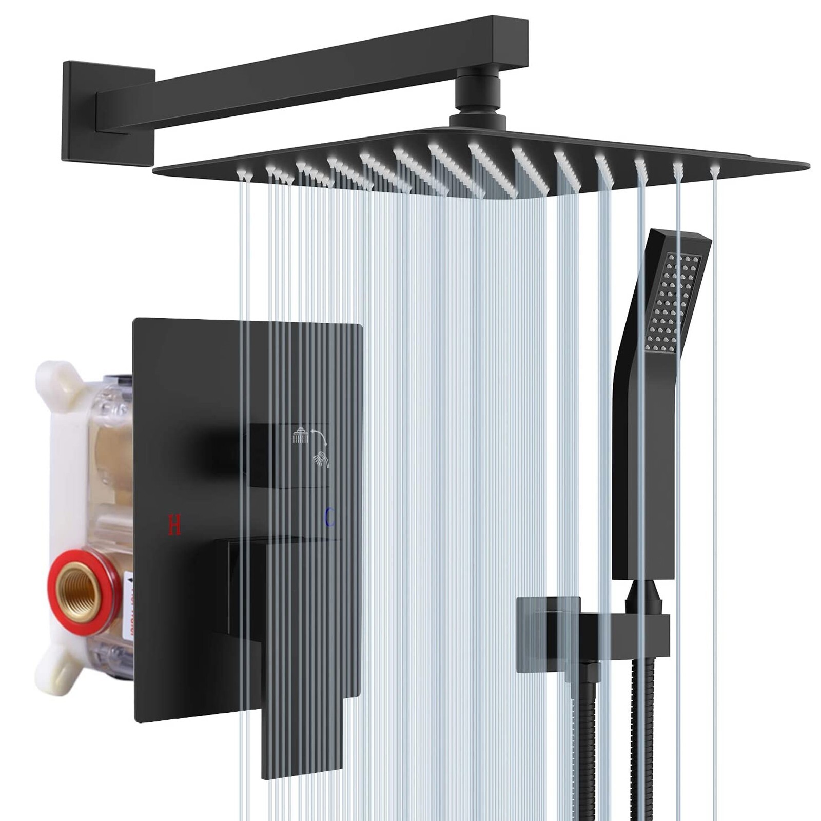 Matte Black Shower Faucet Set with Valve 12" Rainfall Head Combo Kit Wall Mount