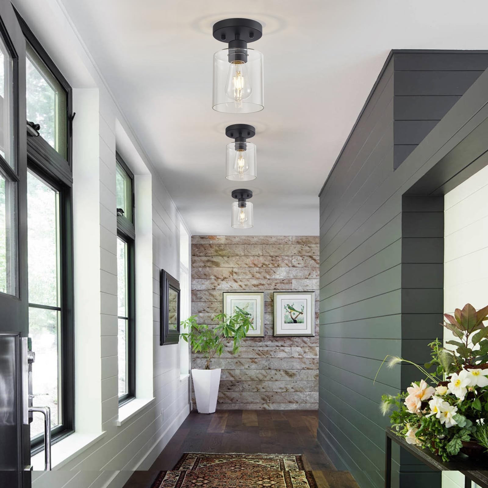 Black Semi Flush Mount Ceiling Light, 1-Light Ceiling Light Fixtures, Farmhou...