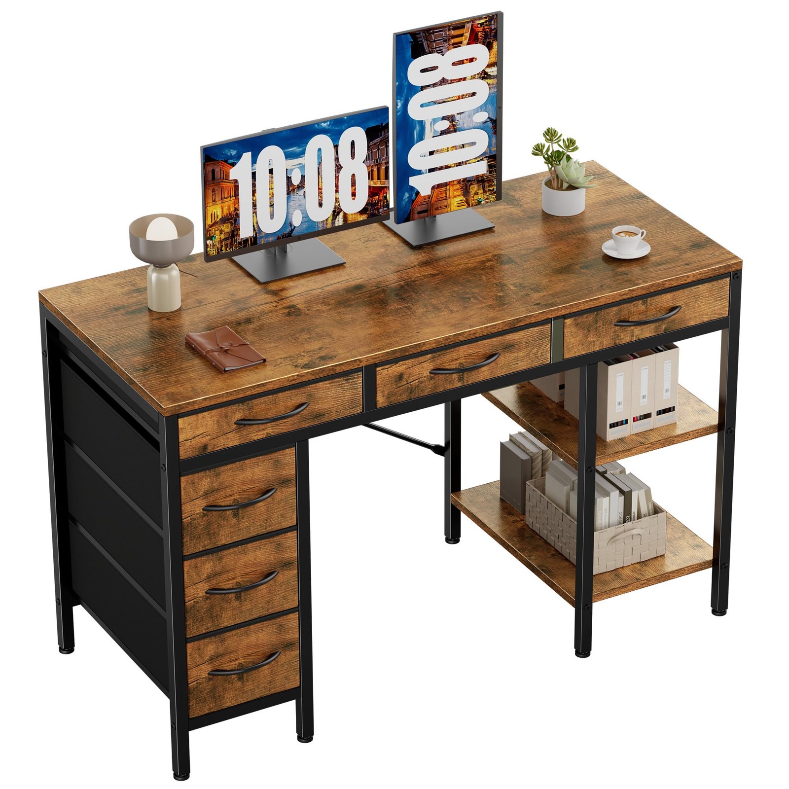 47" Computer Desk with 6 Fabric Drawers, Home Office Gaming Desks with Storag...