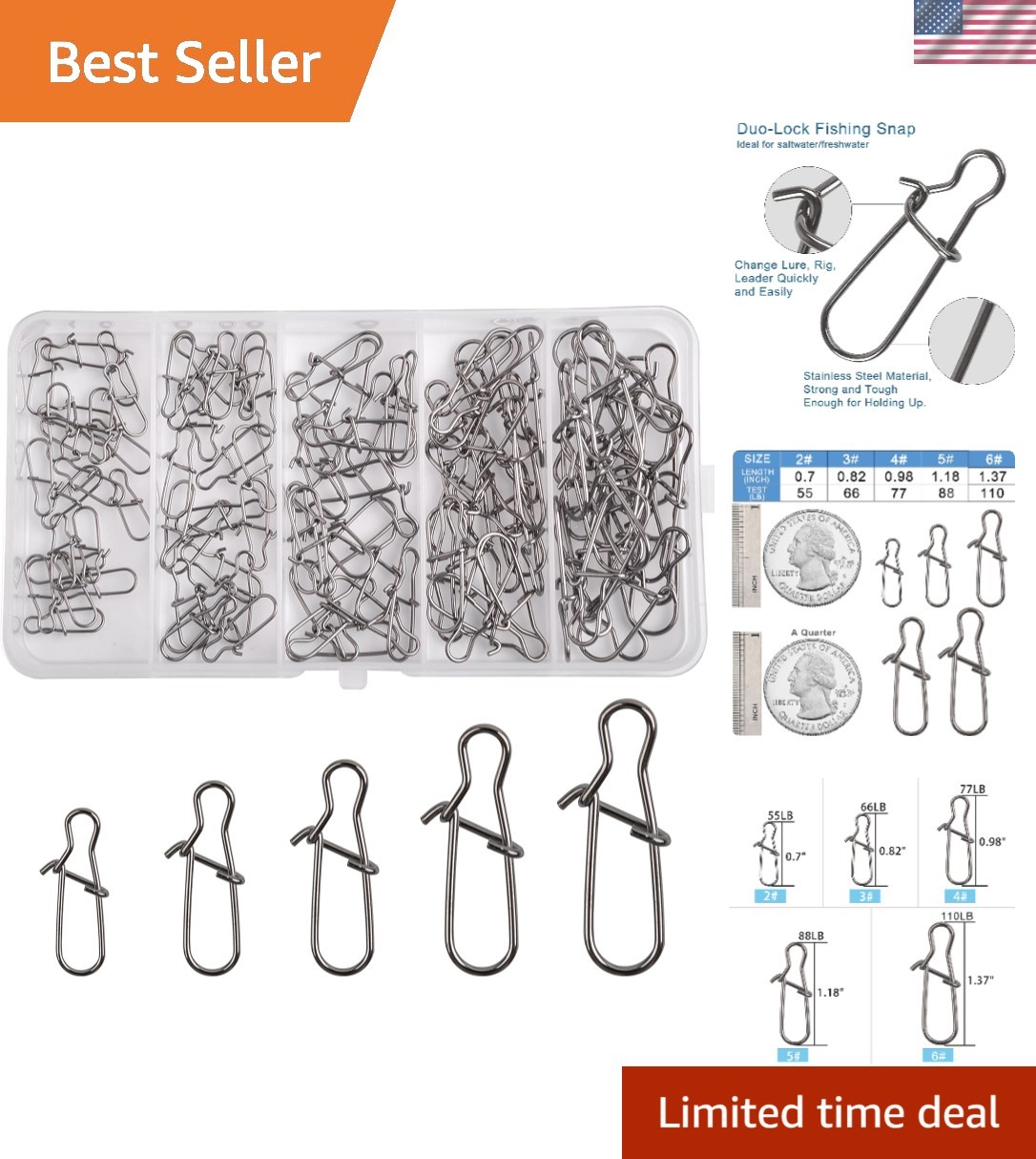Duo Lock Snap Kit: 100 High-Strength Stainless Steel Swivels for Fishing