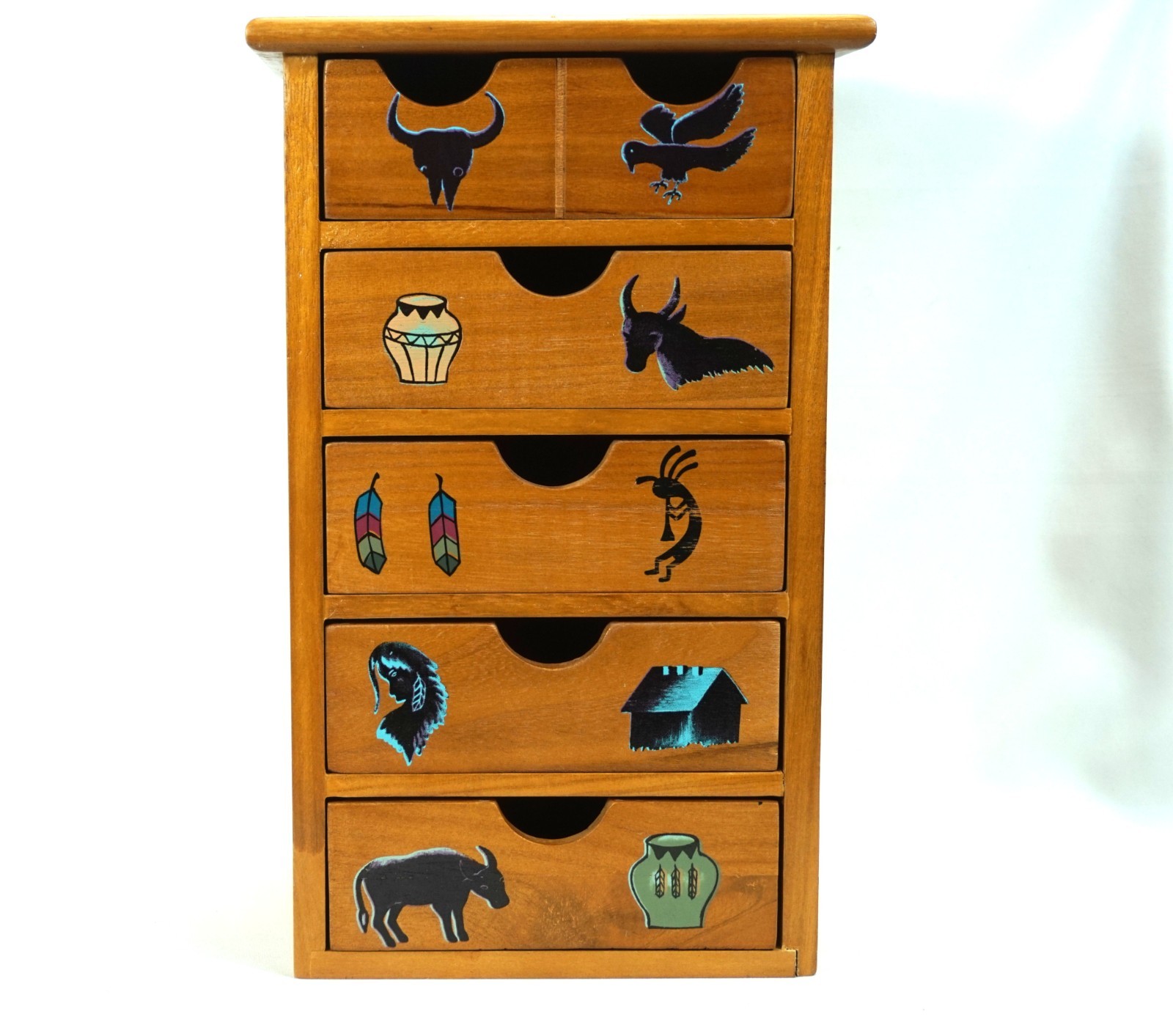 NEW Vintage Southwest Folk Art Wood 5 Drawer Jewelry Box Chest Cabinet NOS NIB