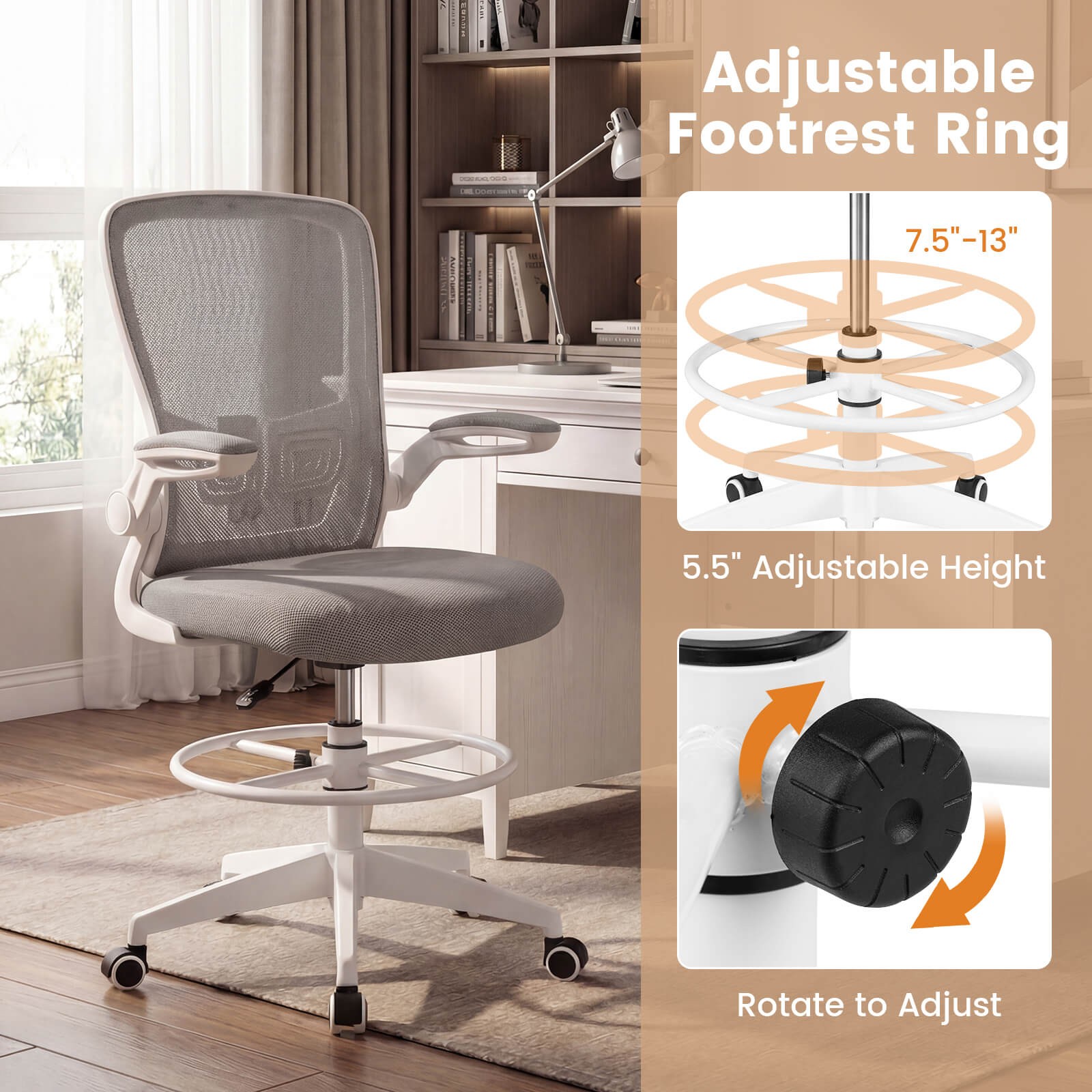 Home Office Drafting Chair w/Flip-Up Armrests Adjustable Footrest Ring for Study