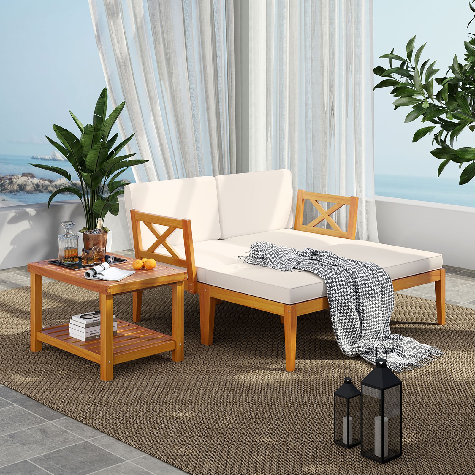 5 PCS Acacia Wood Patio Chaise Lounge Chair Set w/ 2-Tier Coffee Table Cushions