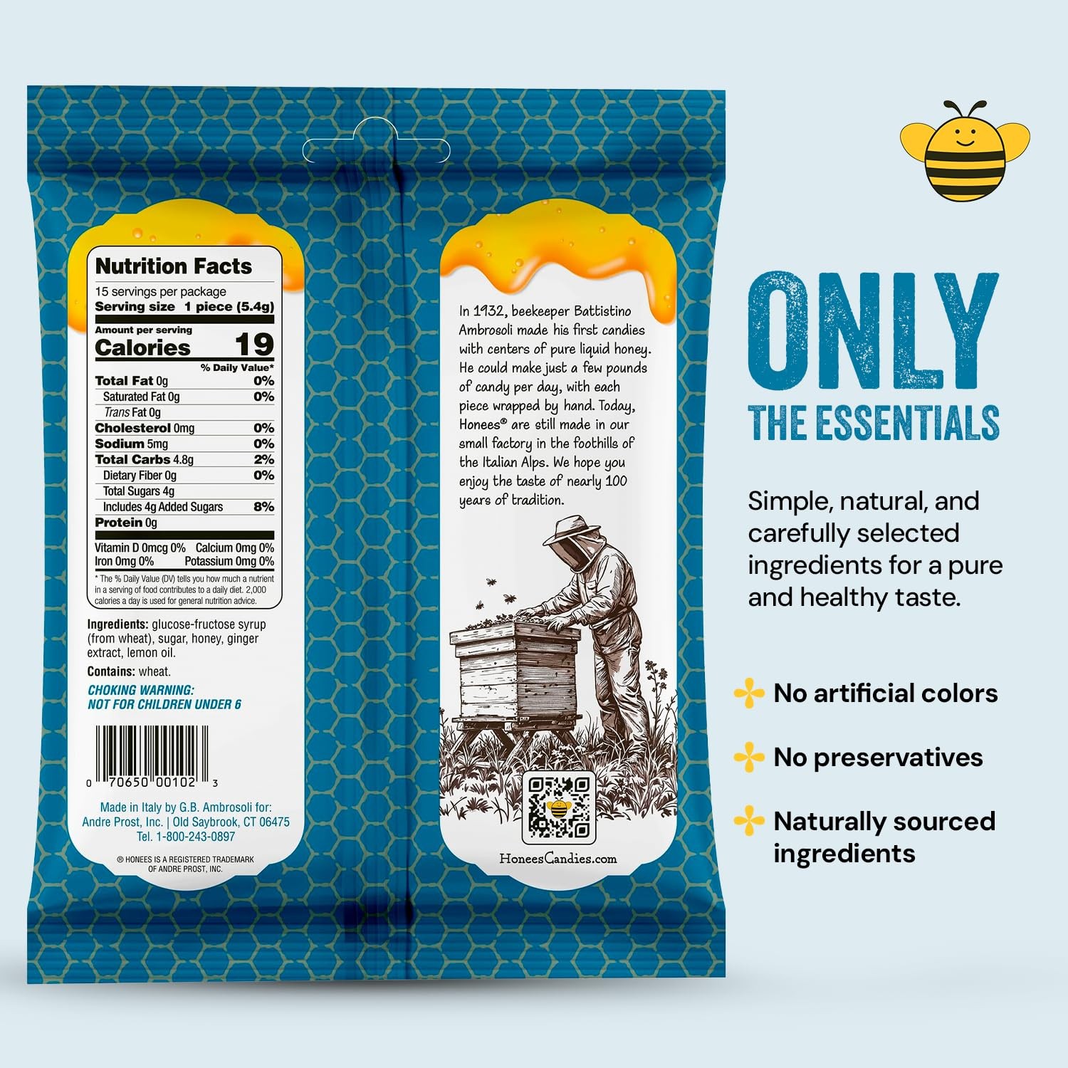 Honees Honey & Ginger Hard Candy Individually Wrapped | Natural & 1 Pack