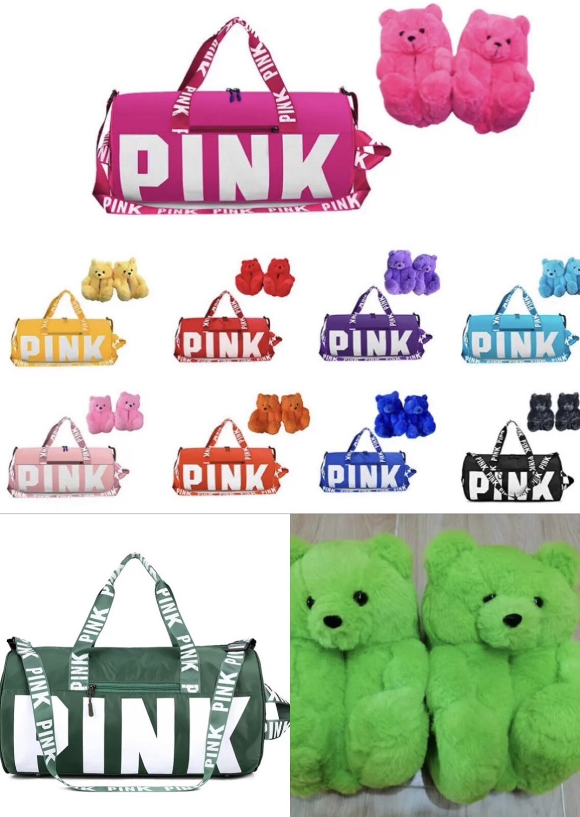 Teddy Bear Slippers and PINK Duffle Bag set