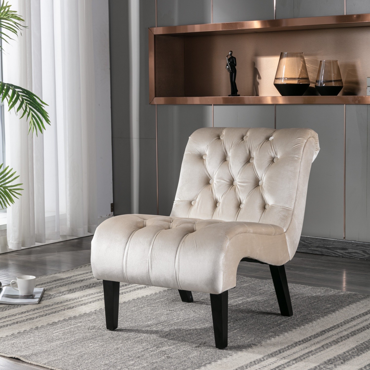 Armless Velvet Tufted Accent Chair Lounge Chair w/ Solid Wood Legs for Apartment