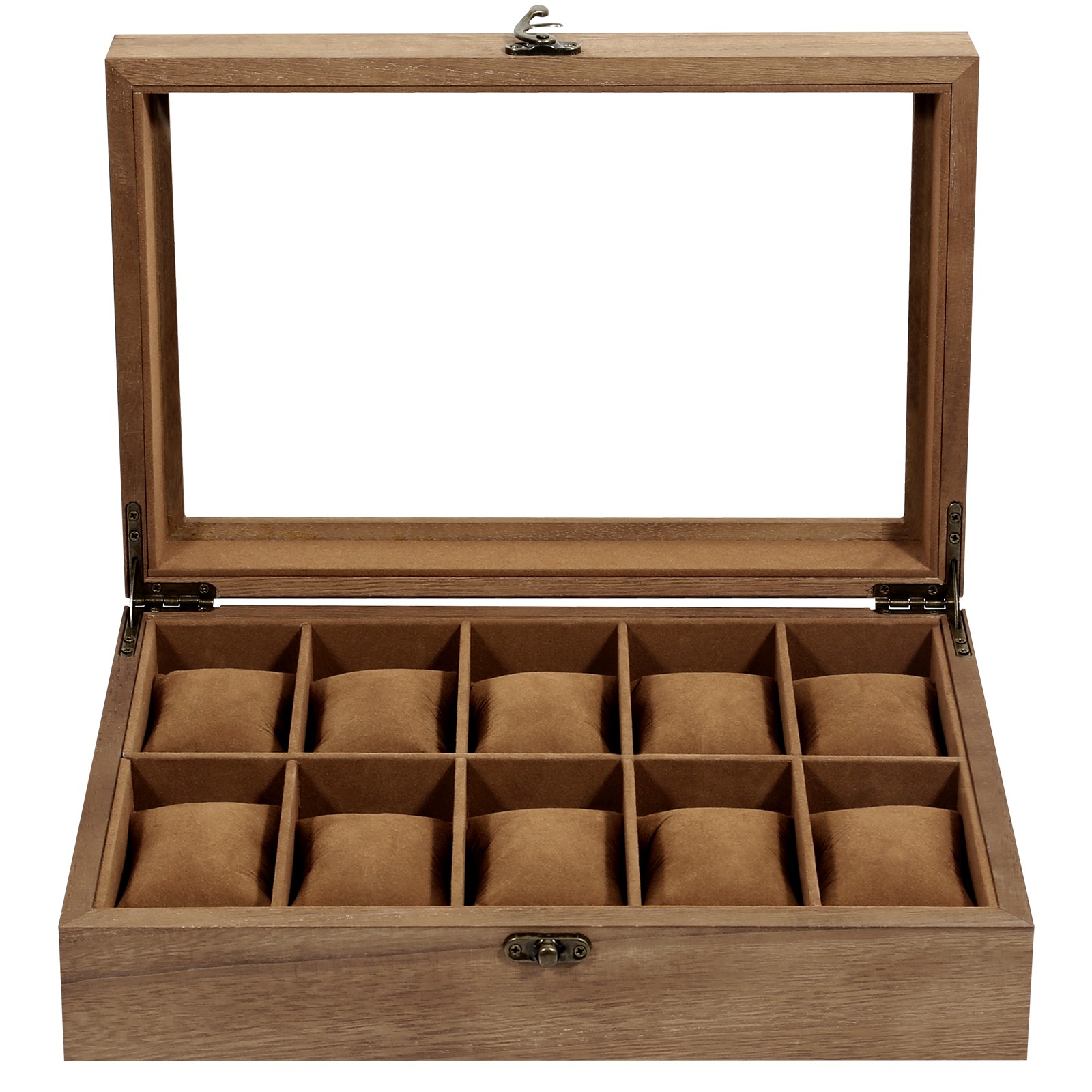 10 Slots Watch Box Wooden Jewelry Organizer Display Case with Glass Lid Gift