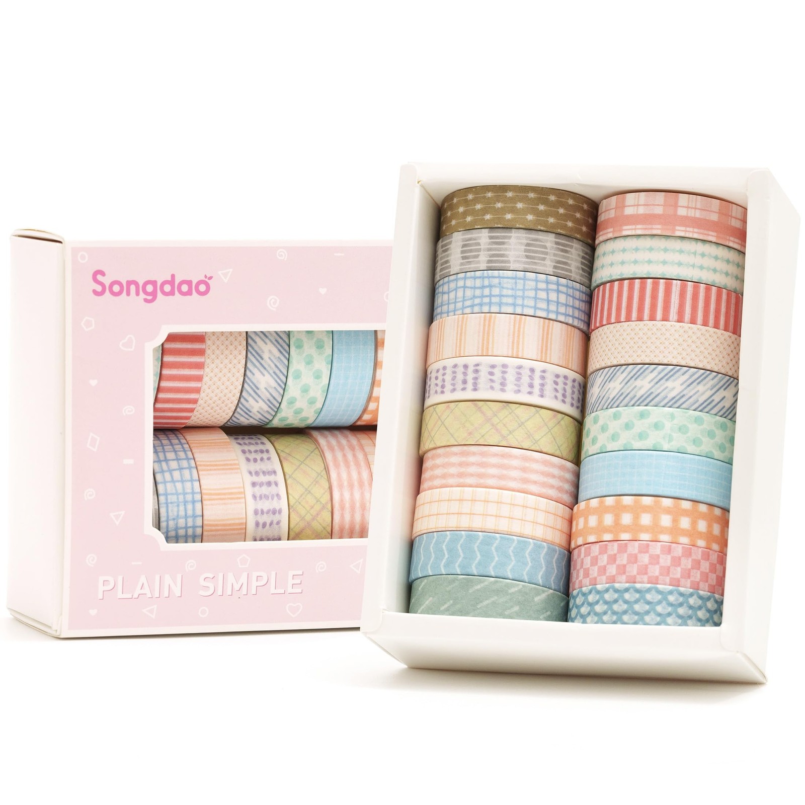 20 Rolls Basic Washi Tape Set Japanese Arts Adhesive Tapes Simple Patterns De...
