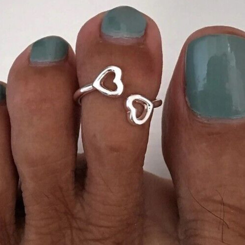 White Gold Plated Womens Double Heart Adjustable Toe Ring Solid Metal 925 Silver