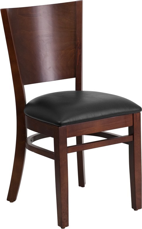 Solid Back Walnut Wood Finish Restaurant Chair with Black Vinyl Seat