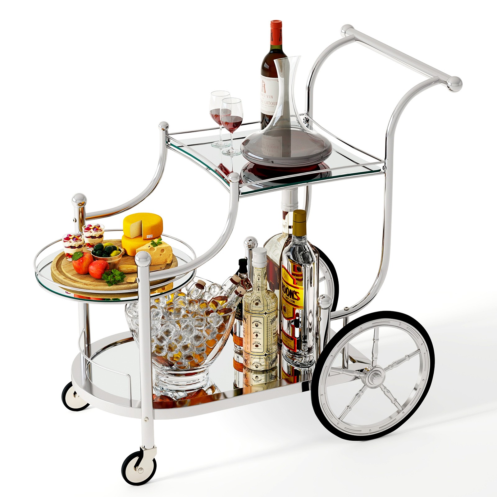 Serving Cart Kitchen Bar Wine Tea Cart Glass Shelves & Metal Frame with Wheels