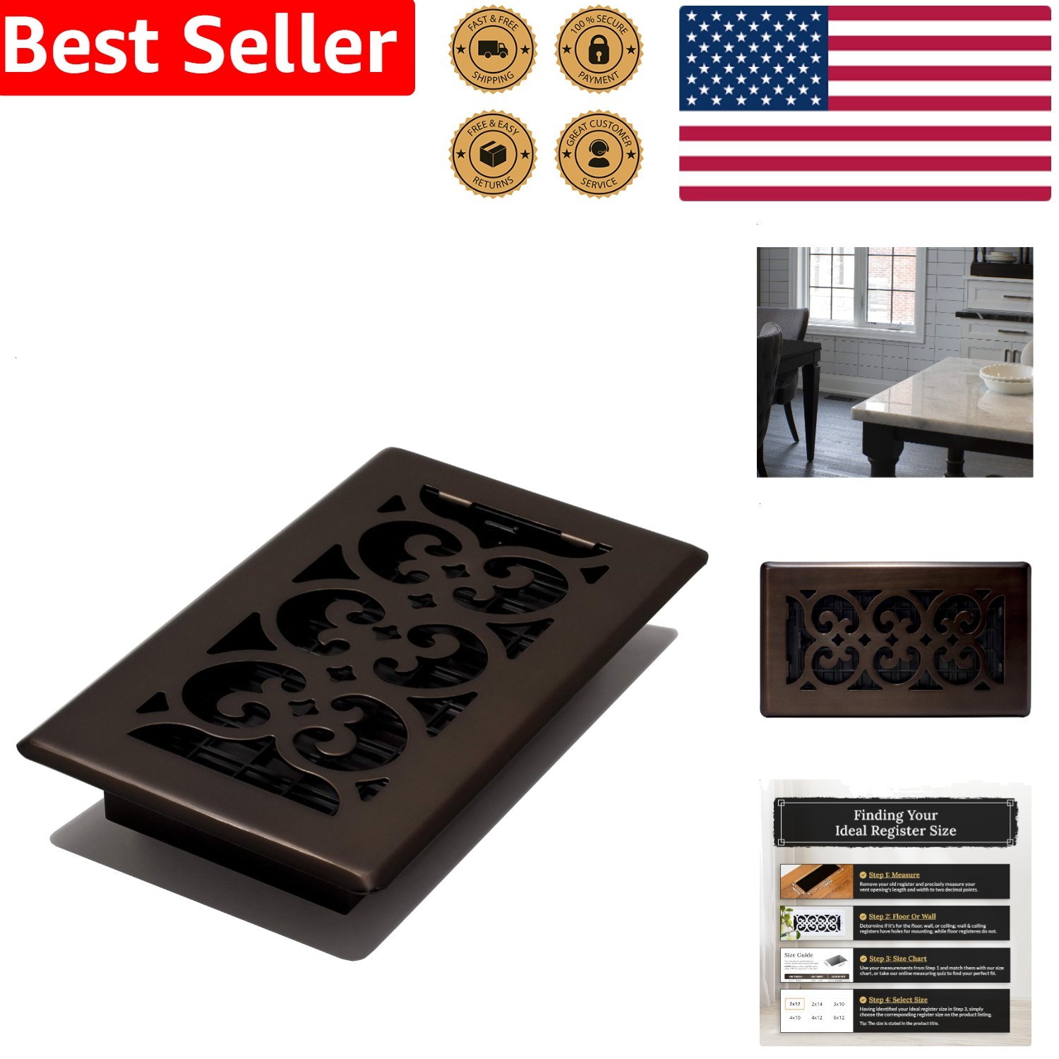 Steel Floor Register 4x8 Rubbed Bronze Scroll Design New Easy Install Vent Cover