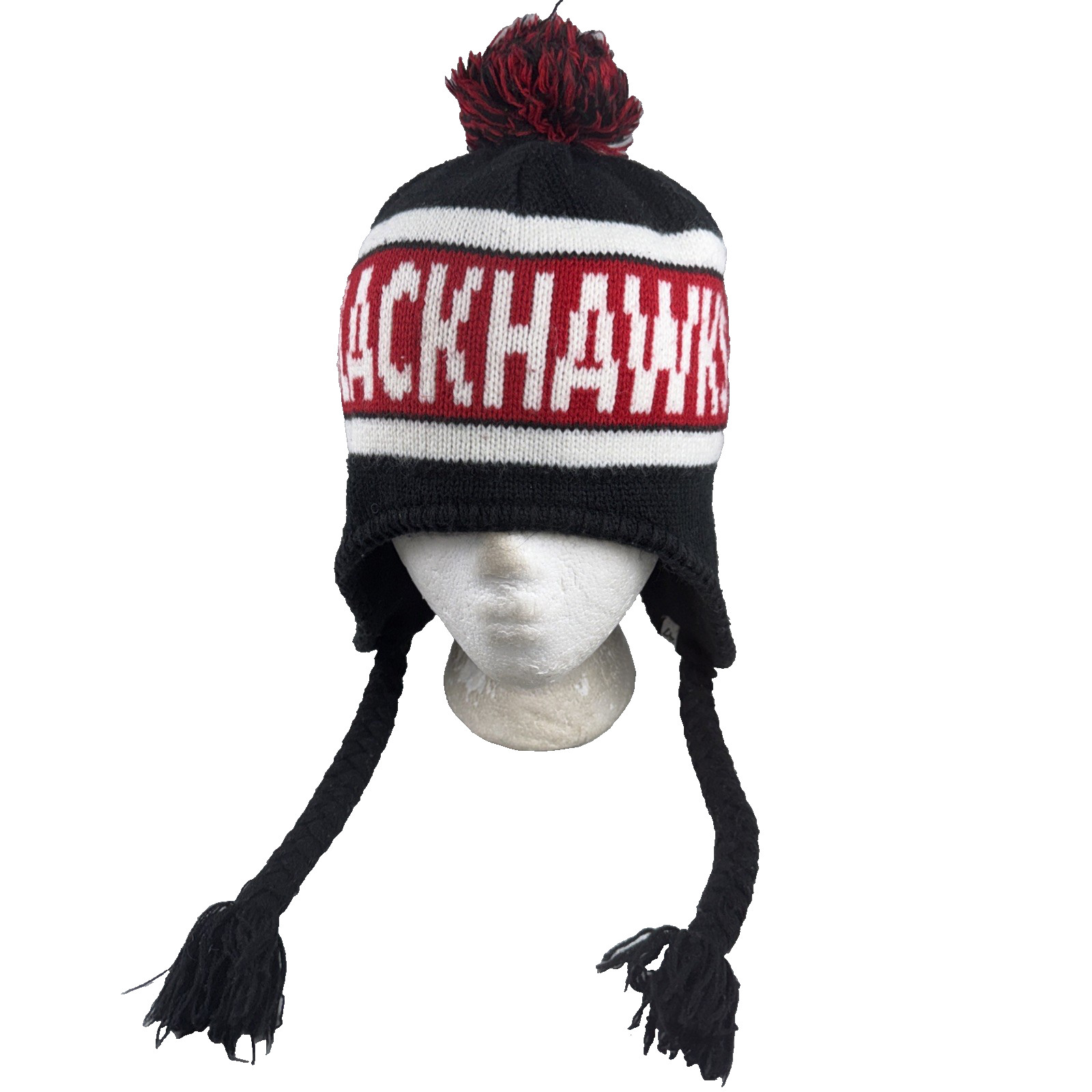 Chicago Black Hawks Letter Logo NHL Knit Cap w Pom and side straps Adult 47Brand