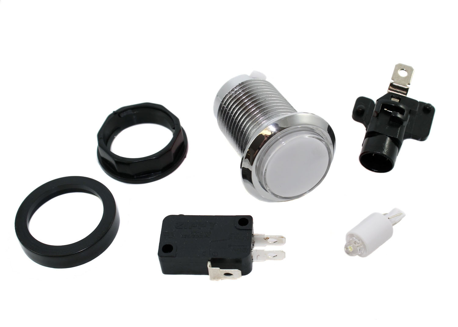 White LED Arcade Pushbutton with Chrome Bezel
