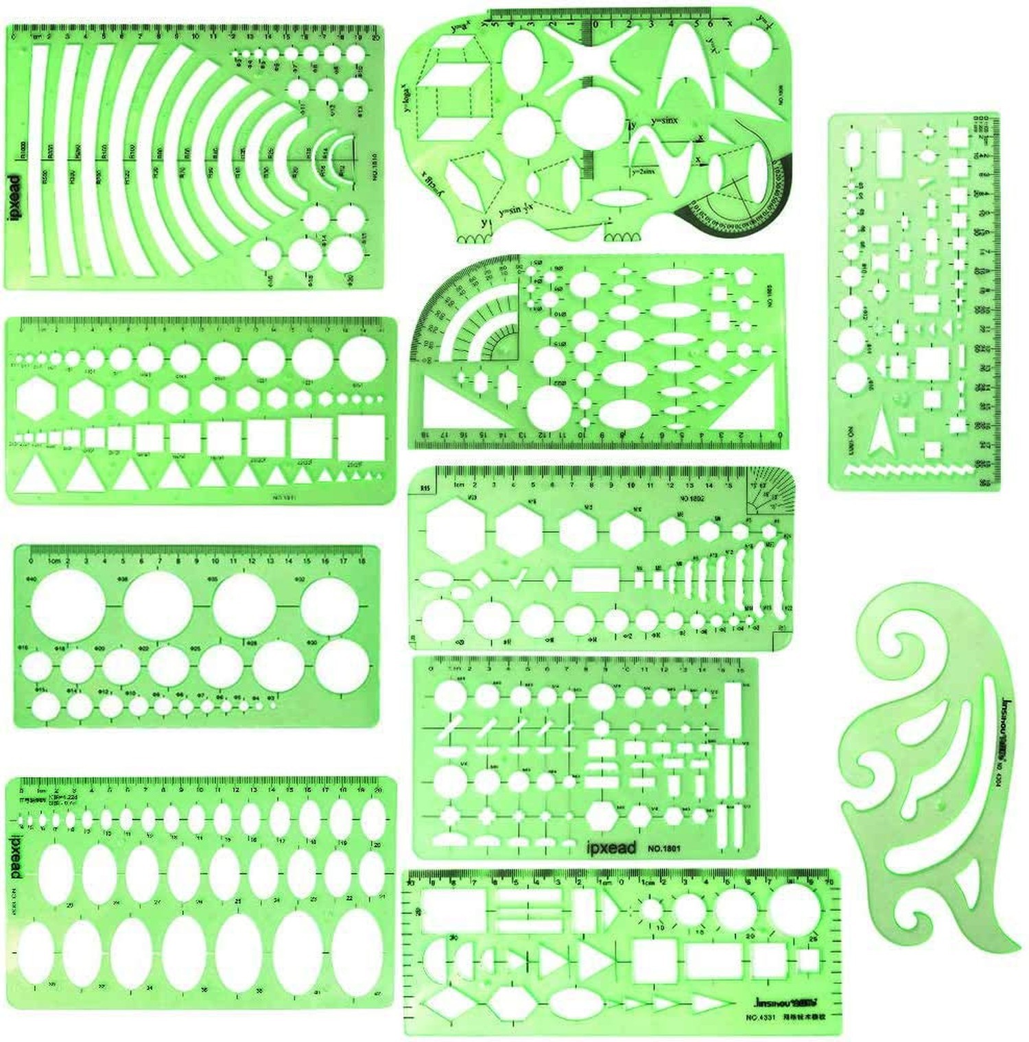 11 Piece Geometric Drawing Template Measuring Ruler, Transparent Green Plasti...