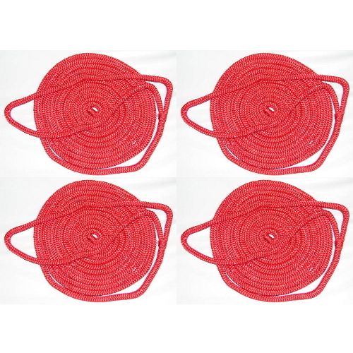 4 Pack of 3/8 Inch x 15 Ft Red Double Braid Nylon Mooring and Docking Lines